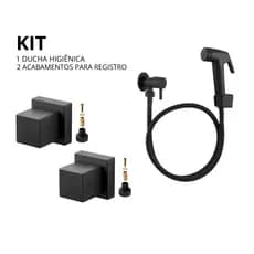 Kit Ducha Higiênica Preta ABS + Acabamento Quadrado p Registro Padrão Deca ou Docol
