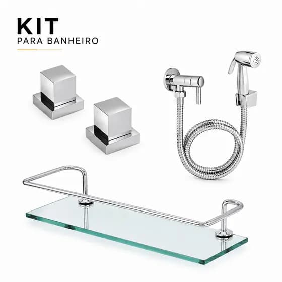 Kit Banheiro Completo Porta Shampoo Vidro Ducha Higiênica 2 Acabamentos Quadrados