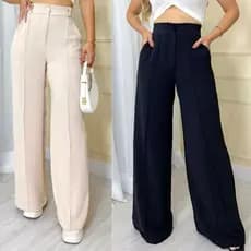 Calça Pantalona Feminina Wide Leg Cintura Alta Tecido Crepe Dunas P ao GG Disponível no Linho