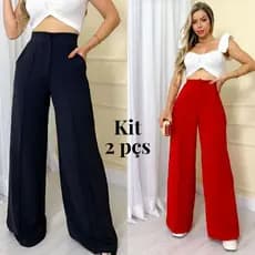 Kit 2 Calças Pantalona Feminina Wide Leg Cintura Alta