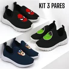 Kit 3 Pares Tênis Infantil Menino Personagens Calce Fácil Super Confortável – Uso Diário