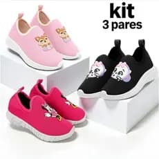 Kit 3 Pares Tênis Infantil Menina Personagens Confortável Calce Fácil Leve Escola Casual