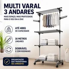 Varal de Chão Dobrável 3 Andares Compacto com Rodinhas Cabideiro Retrátil 6 Prateleiras Ajustáveis Suporta 48kg Grande