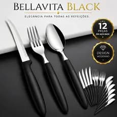Jogo de Talheres 12 Peças Inox Cabo Preto | Faqueiro Moderno Resistente | Kit Garfo Faca Colher Bellavita Black | Mesa P