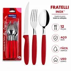 Jogo de Talheres 12 Peças Fratelli Inox Vermelho Aço Inox Cabo Anatômico Kit Garfo Faca Colher Resistente Cozinha Churra