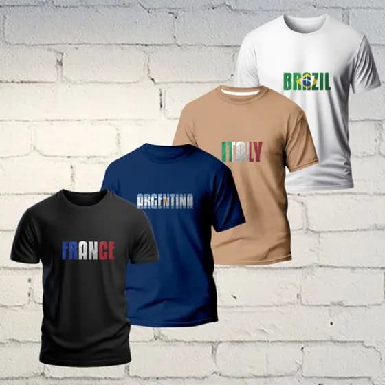 Kit 4 Camisetas Masculina Camisa Torcedor Time de Futebol 100% Algodao Paises Brasil Argentina Italia França