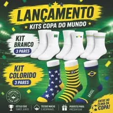 Meia Canelada Brasil Copa Do Mundo 39 Ao 43 - Kit C/ 3 Pares Branco