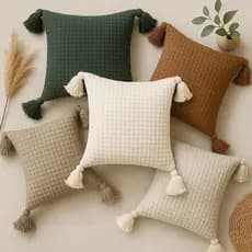Capa de Almofada Boho 45x45cm – Algodão Piquet com Pompom, Estilo Bohochic para Sofá e Cama