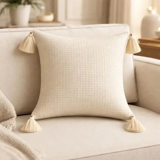 Capa Almofada Boho Cru Algodão Artesanal Decoração Trama Natural Pompom 45X45