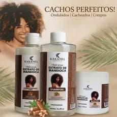 Combo Cachos Definidos Crescimento Capilar Shampoo Condicionador 500ml e Máscara Hidratante Mandioca Saudável Definido