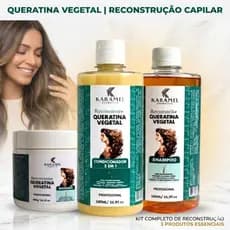 Kit Queratina Vegetal Shampoo 500ml Máscara Tratamento Capilar Reconstrução Reposição de Massa Força Brilho Resistência