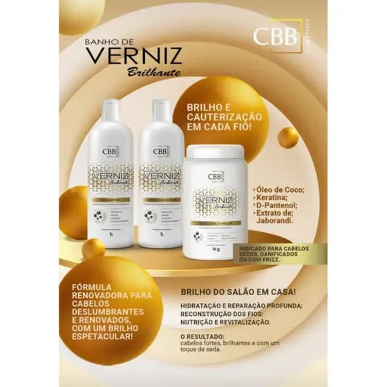 Kit capilar Banho de verniz Brilhante Cbb cosméticos c/03 itens 1l