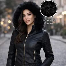 Jaqueta Feminina Couro Sintético Zíper na Manga Elegante Casual Capuz Removível