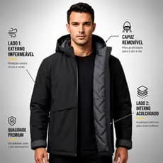 Jaqueta Dupla Face Masculina Nylon Acolchoada Gola Alta Capuz Removível 2 em 1