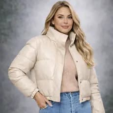 Jaqueta Feminina Couro Fake  Puffer Cropped Forrada Grossa