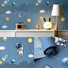 5 Metros Papel Adesivo Astronauta Para Quarto Infantil Foguete Planeta Espaço Autoadesivo