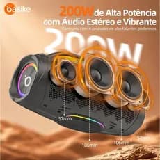 Basike Caixa de Som Bluetooth 200 W RMS, Bass Boost, IPX6, Bateria 20.000 mAh e Luzes RGB