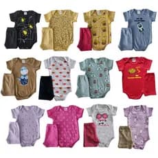 Kit 6 peças 3 conjuntos body bebê manga curta estampado shorts verão menino menina