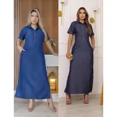 vestido longo jeans  lavagem premium   jeans fino cor clara e escura , modelagem perfeita ,  veste do 38 até o 46.