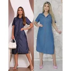 Vestido jeans midi moda evangélica soltinho com manga elegante na cor clara e escura veste até o 46