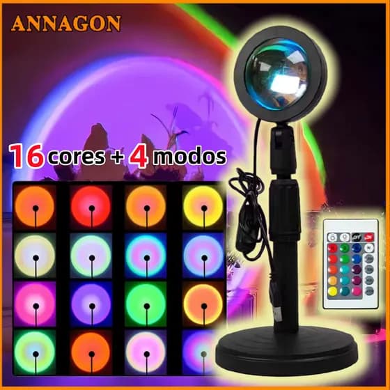 Lâmpada de Pôr do Sol Projeção Led Sunset USB 16 Cores Ajustáveis Decoração de Quarto ANNAGON