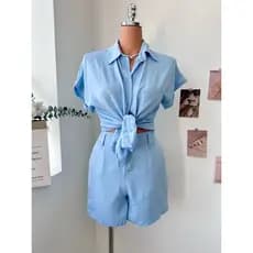 Conjunto de camisa de manga curta e shorts de cor sólida para mulheres, estilo casual SP034