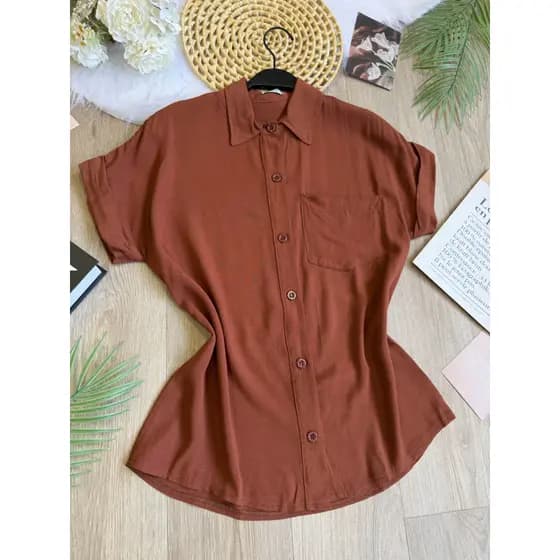 Camisa Feminina  Casual de Manga Curta Cor Sólida, Férias de Verão SP050