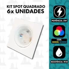 Kit 6 Spot led 5w Luminária Direcionavel Bivolt  Quadrado Embutido Teto Sanca  FABRICA UM