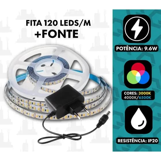 Fita Led 120 leds/m Ip20 12v 2835 Para Perfil Branco Quente/Neutro/Frio 5M Com Fonte Apollo