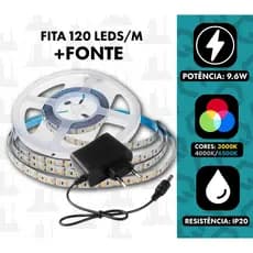 Fita Led 120 leds/m Ip20 12v 2835 Para Perfil Branco Quente/Neutro/Frio 5M Com Fonte Apollo