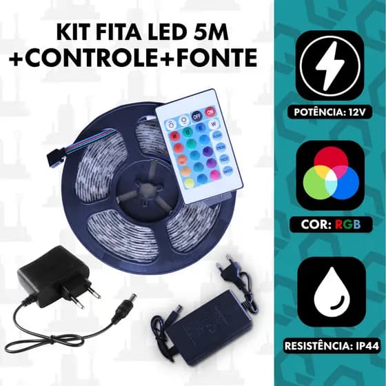 Fita LED 2835 RGB 5M Com Controle e Fonte 12V 270 LEDS 16 CORES IP44 FABRICA UM