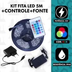 Fita LED 2835 RGB 5M Com Controle e Fonte 12V 270 LEDS 16 CORES IP44 FABRICA UM