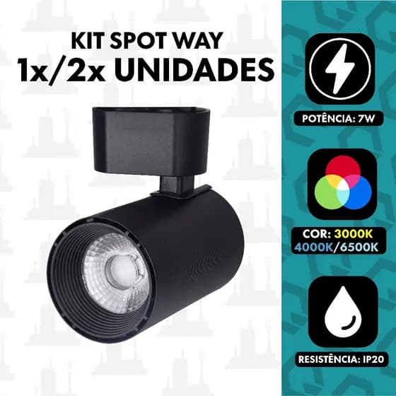kit 1un ou 2un spot way 7w Preto para trilho eletrificado 3000k/ 4000k/ 6500k FABRICA UM