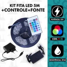 Kit 2 Fita LED 2835/5050 RGB 5M/10M Com Controle e Fonte 12V 270 LEDS 16 CORES IP44