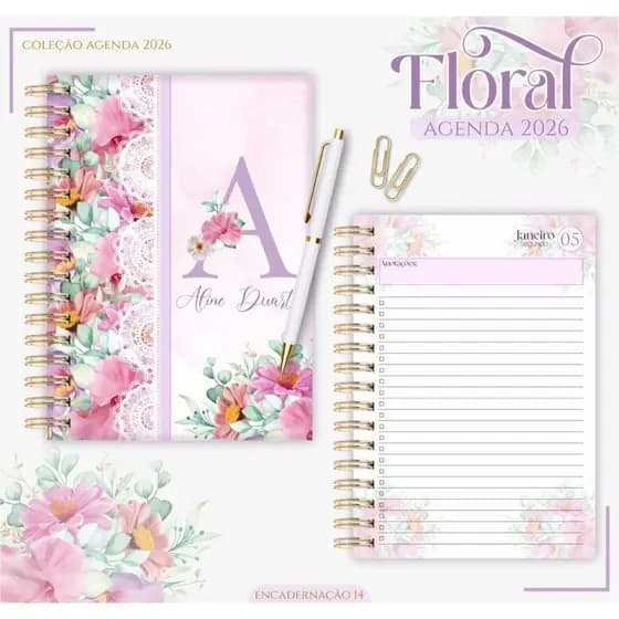 AGENDA 2026 COLEÇÃO FLORAL PERSONALIZADA COM NOME A5 ENVIO IMEDIATO