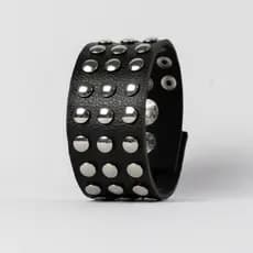 Pulseira Bracelete Couro 3 Fileiras com Rebites e Tachas Redondas Punk Rock Emo