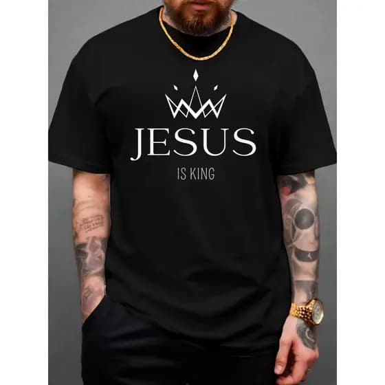 Camiseta Básica Masculina JESUS IS KING 100% Algodão Casual Coroa Religioso Cristão