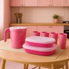 Kit Jarra + 4 Copos + 2 Potes Saladeira com Tampa Rosa | Utilidades Domésticas | Cozinha Mesa Posta