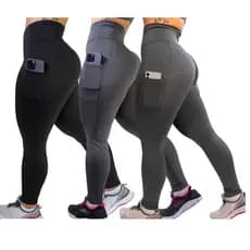 Kit 3 Calças C/ Bolso Cintura Alta Reforçada Caminhada Fitness