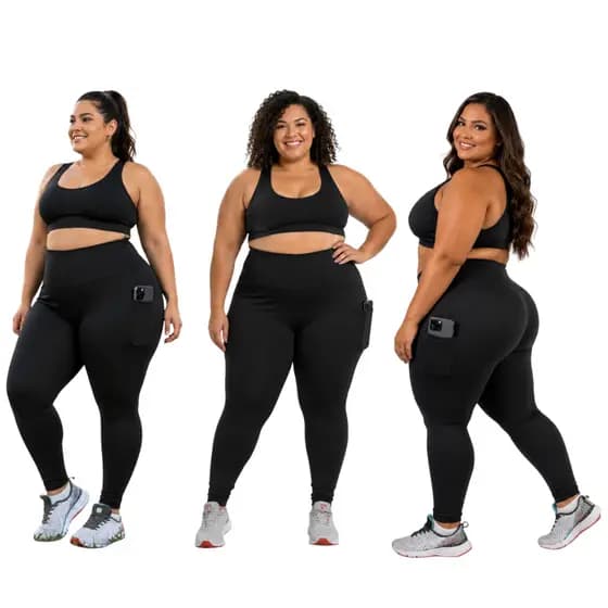 Kit 3 Calças Legging PLUS SIZE Cós Alto Suplex Power Fitness Caminhada Trabalho