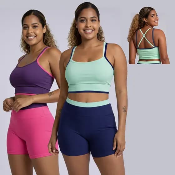 Conjunto de Academia Feminino Bicolor Short Cintura Alta e Top Forrado com Alça