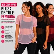 Kit com 3 Blusa de Tule Feminina Transparente para academia manga curta camiseta fitness para treino