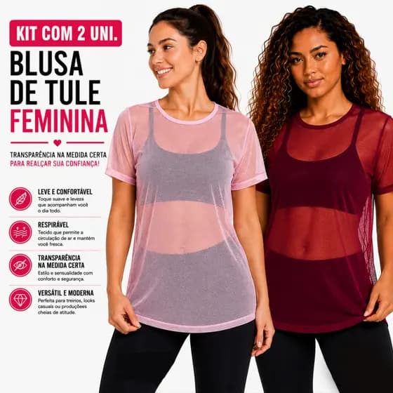 Kit com 2 Blusa de Tule Feminina Transparente para academia manga curta camiseta fitness para treino
