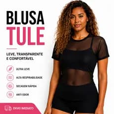 Blusa Tule Feminino Academia Transparente Manga Curta Fitness