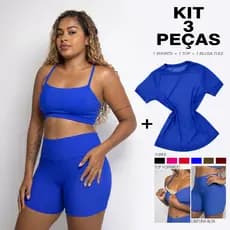 Conjunto Academia Feminino 3 Peças com Shorts Legging Cintura Alta Suplex Top Alça e Blusa Tule Academia