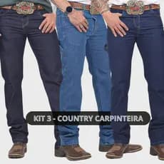 Kit 3 Calças Jeans Masculina Country Carpinteira Muladeira Elastano Tecido Grosso Western Montaria Rodeio Cavalgada