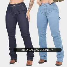 Kit 2 Calças Jeans Feminina Country Carpinteira Elastano Cintura Alta Empina Bumbum Muladeira Western Rodeio Premium