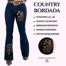 Calça Jeans Feminina Country Bordada Flare Cintura Alta Elastano Premium Levanta Bumbum Rodeio Cavalgada Montaria