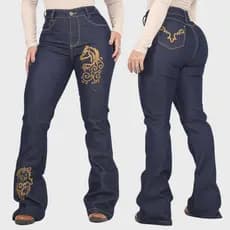 Calça Jeans Feminina Country Bordada Flare Elastano Western Cintura Alta Rodeio Montaria Premium Empina Bumbum Texas