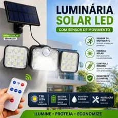 Luminária Solar LED 138 LEDs com Sensor de Movimento Controle Remoto Painel Solar Externo Jardim